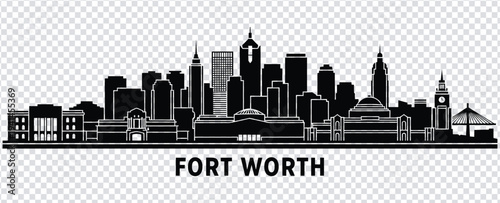 Black silhouette of fort worth city skyline with various buildings and towers