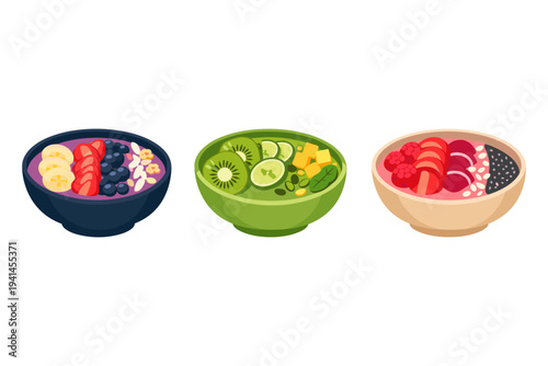 Three colorful smoothie bowls with fresh fruit and seeds, a healthy breakfast option