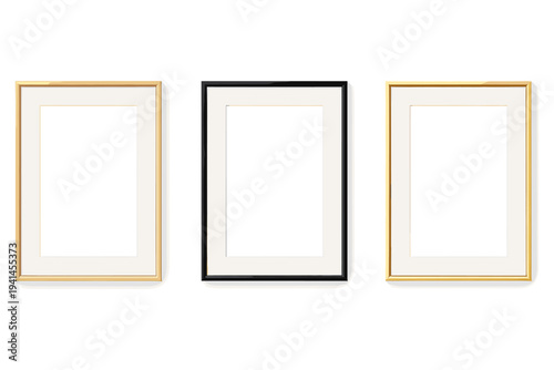 Three empty picture frames in gold and black colors on a white background