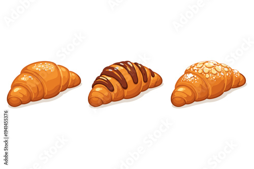 Three delicious croissants with different toppings, including chocolate and almonds