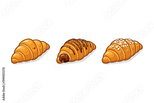 Three delicious croissants, one plain, one with chocolate, and one with almonds