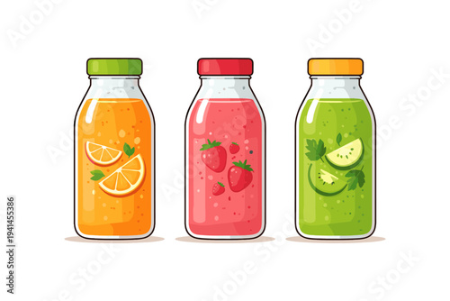 Three colorful bottles of fruit juice and smoothies with fresh fruit ingredients