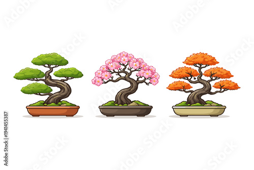 Three stylized bonsai trees in pots, showcasing different seasonal colors and blooms