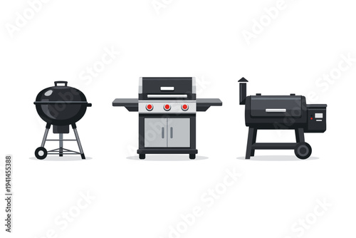 Collection of three different types of outdoor grills and smokers on a white background