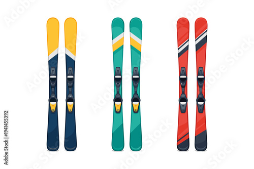 Three pairs of colorful skis with bindings displayed side by side on a white background