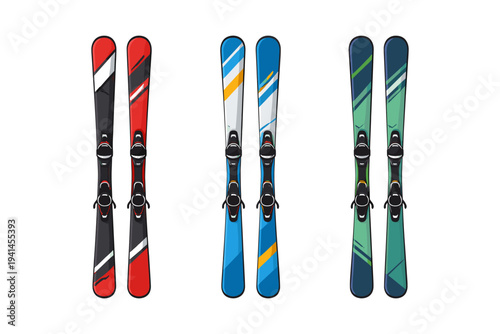 Three pairs of colorful skis with bindings, isolated on a white background
