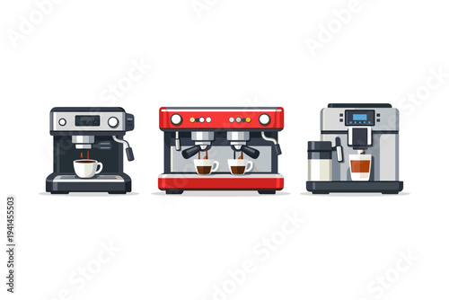 Collection of three different types of modern espresso machines making coffee