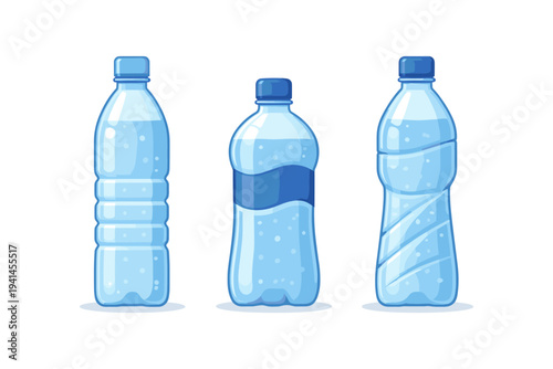 Three clear plastic bottles filled with refreshing blue water and bubbles