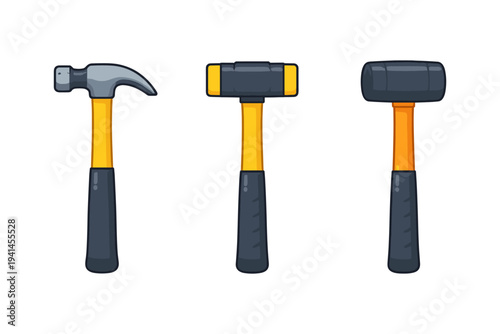 Three different types of hammers and mallets displayed in a row on a white background