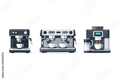 Collection of three different types of modern espresso machines making coffee