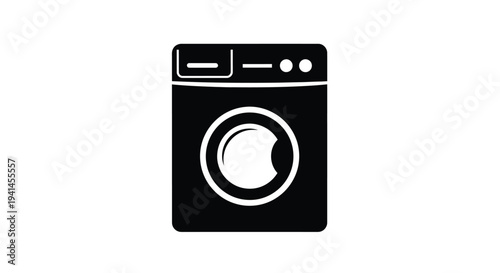 Simple black and white vector graphic illustration representing a modern front loading washing machine icon