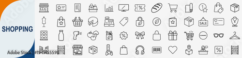 Shopping and retail commerce icons set, outline symbols for e-commerce store discount pricing and customer purchase experience vector illustration
