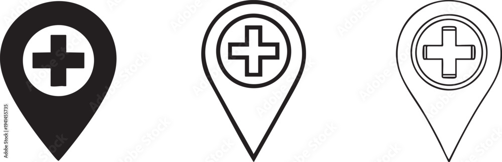 Obraz premium Set of 3 medical location pin icons vector