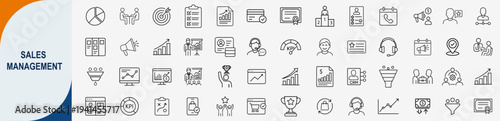 Sales management and business growth icons set, outline symbols for marketing strategy revenue analytics customer relationship and lead generation vector illustration