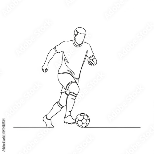 A minimalist line art illustration of a soccer player kicking a ball