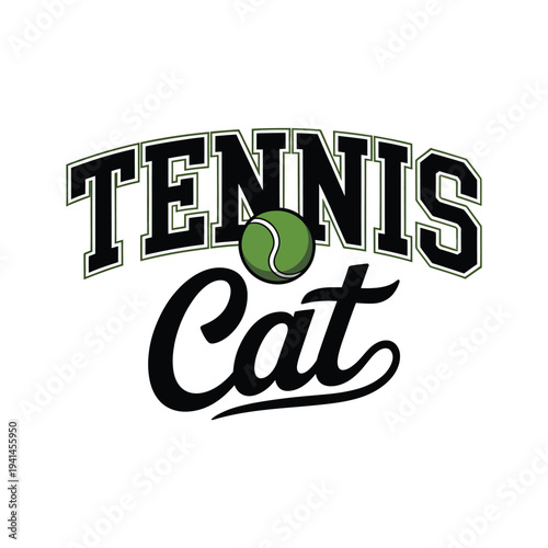 A graphic design featuring the word tennis with a cat and a tennis ball