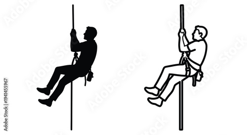Two silhouettes of men rappelling down a vertical pole