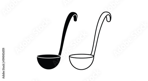 Two stylized ladles one black and one white displayed on a white background
