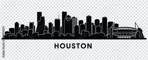 Black silhouette of houston city skyline with notable buildings and stadium