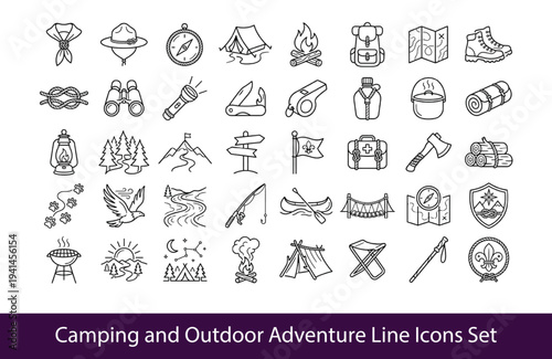 Camping and Outdoor Adventure Line Icons Set

