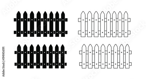 Four variations of a picket fence shown in black and white