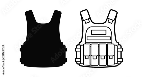 Two tactical vests one solid black and one detailed with pouches