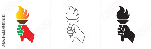 Torch symbol in three graphic styles colorful outline and silhouette representing freedom enlightenment activism and hope