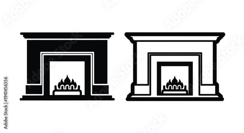 Two black and white fireplace designs one filled and one empty