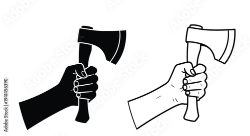 Two hands gripping axes in a black and white illustration