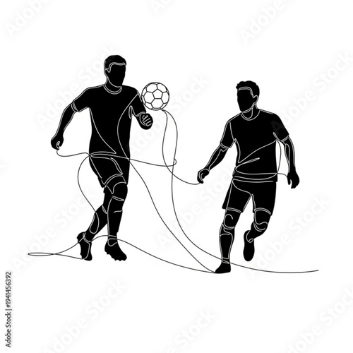 A black and white vector illustration of two soccer players running with a jump rope and a soccer ball
