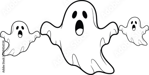 Cute ghost cartoon set, spooky halloween spirit character collection, flying phantom mascot outline vector illustration design