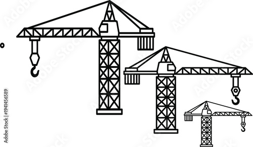 Construction tower crane line icon set, building site lifting equipment illustration, industrial engineering machinery vector design