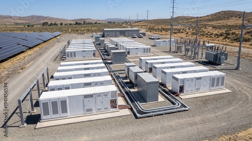 Massive solar farm and energy storage system with battery banks and power grid infrastructure