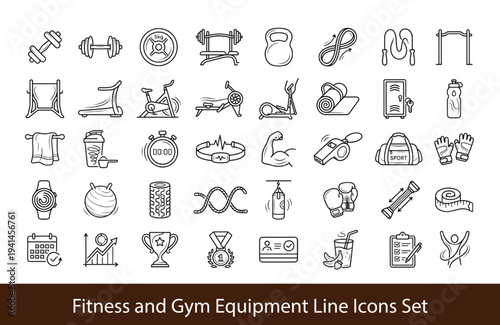 Fitness and Gym Equipment Line Icons Set