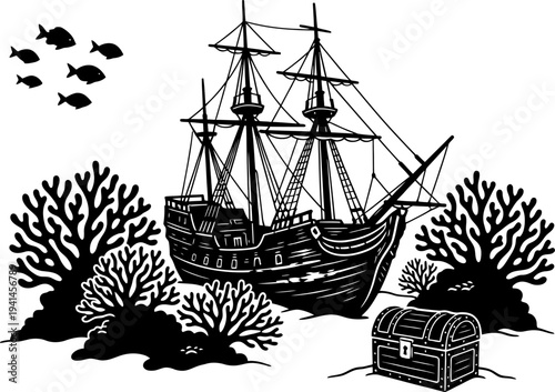 Sunken ship with treasure chest corals and fish underwater