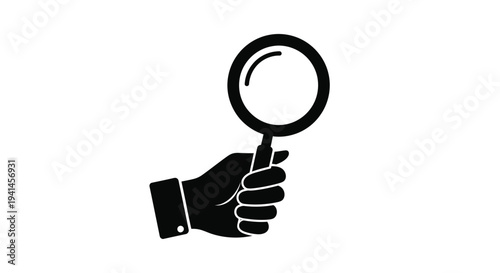A black silhouette of a hand holding a magnifying glass