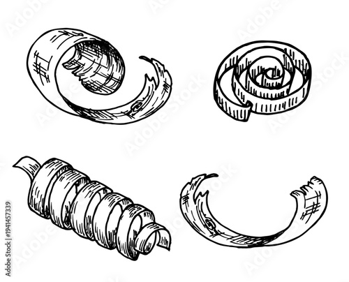 Wooden shavings or chips. Shaving icon. Spiral peel from woodcarving, carpentry. Natural wood chips, biofuel. Lumber industry. Hand drawn