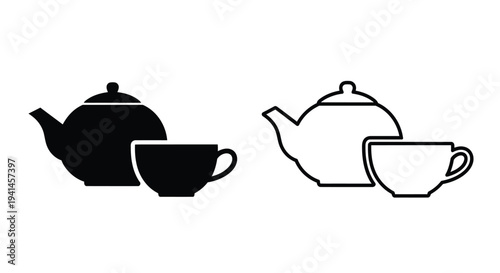 Black and white illustration of a teapot and teacup set
