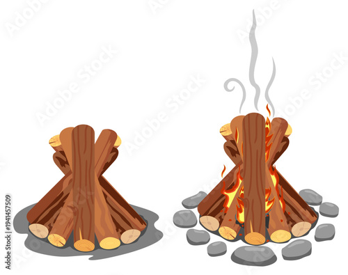 Illustration of campfire logs burning bonfire. Firewood stacked for a fire. Fire on wood for outdoor camping. Isolated on a white background