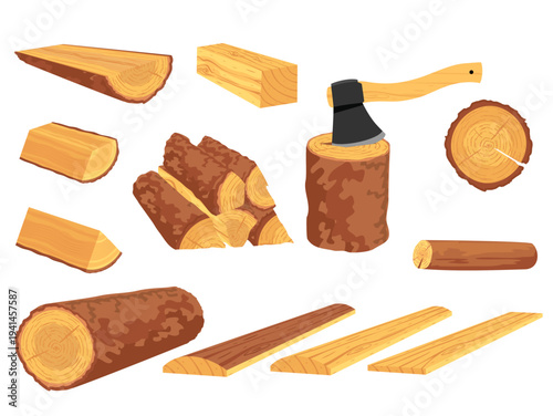 Wood logs, trunk vector illustration. Cartoon wooden materials. Firewood  set. Annual rings on a tree cut. Wood stumps and axe