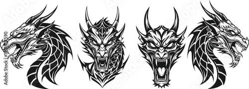 Dragon head tattoo vector set, fierce fantasy creature illustration, tribal dragon emblem collection, mythical beast mascot design