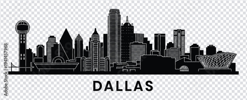 Black silhouette of the dallas city skyline with notable buildings