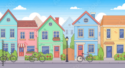 Charming cartoon neighborhood with colorful houses, bicycles on sidewalk and clear sky.