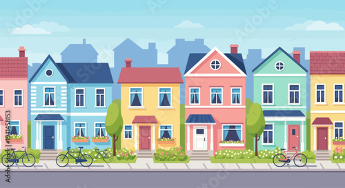 Colorful Row Houses with Bicycles on Sidewalk, Suburban Street Scene