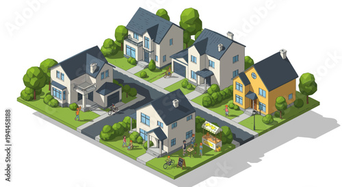 Isometric Pixel Art Suburban Neighborhood with Houses, Streets, and People