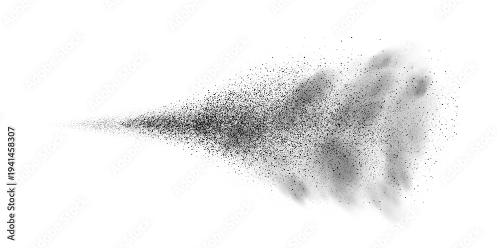 Obraz premium Spray splatter texture background. Black droplets spreading outward into dispersed dots with smoke cloud on white backdrop. Dynamic aerosol flow. Minimal vector illustration with monochrome style.