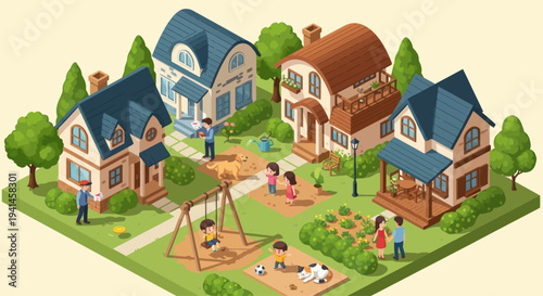 Cozy Suburban Neighborhood with Families Enjoying Outdoor Activities and Charming Houses