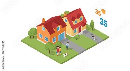 Isometric Houses with Family and Pets, Real Estate Concept
