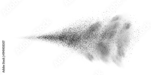 Spray splatter texture background. Black droplets spreading outward into dispersed dots with smoke cloud on white backdrop. Dynamic aerosol flow. Minimal vector illustration with monochrome style.