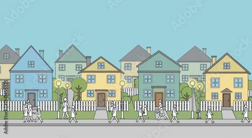 Cartoon Neighborhood Street with People Walking, Houses, Fences, and Trees